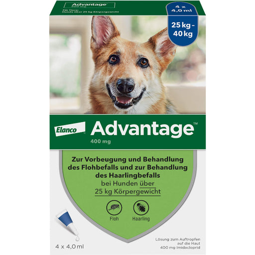 Elanco Advantage 400 bei Hunden 25 kg - 40 kg Lösung zur Vorbeugung und Behandlung des Floh- und Haarlingsbefalls, 4 St. Ampullen