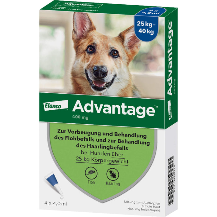 Elanco Advantage 400 bei Hunden 25 kg - 40 kg Lösung zur Vorbeugung und Behandlung des Floh- und Haarlingsbefalls, 4 pc Ampoules