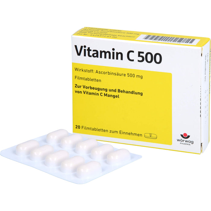 Wörwag Vitamin C 500 Filmtabletten bei Vitamin C Mangel, 20 pc Tablettes