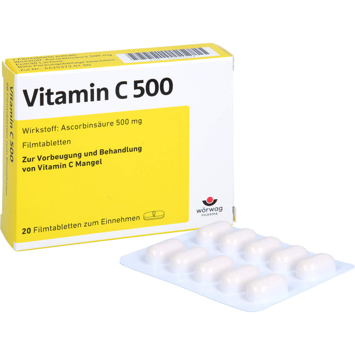 Wörwag Vitamin C 500 Filmtabletten bei Vitamin C Mangel, 20 pc Tablettes