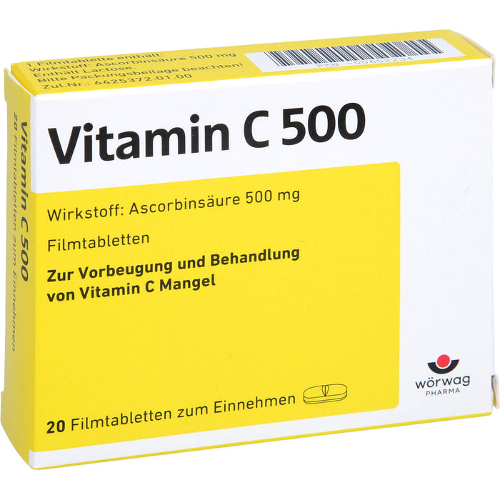 Wörwag Vitamin C 500 Filmtabletten bei Vitamin C Mangel, 20 pc Tablettes