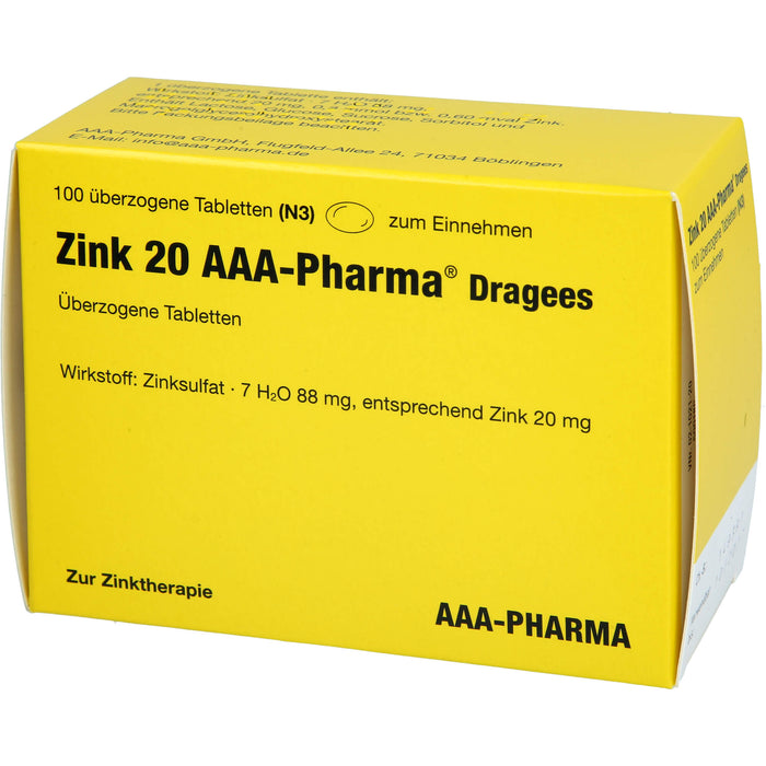 Zink 20 AAA-Pharma Dragees zur Zinktherapie, 100 pcs. Tablets
