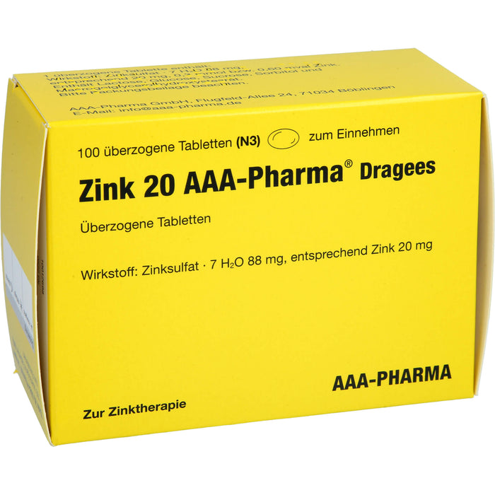 Zink 20 AAA-Pharma Dragees zur Zinktherapie, 100 pcs. Tablets