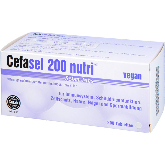 Cefasel 200 nutri Selen-Tabs Tabletten für Immunsystem, Schilddrüsenfunktion, Zellschutz, Haare, Nägel und Spermabildung, 200 pc Tablettes