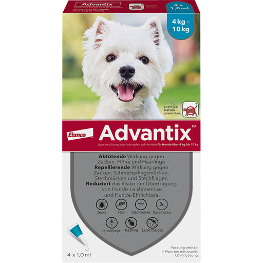 Advantix Spot-On 100 für kleine Hunde von 4 bis 10 kg Körpergewicht gegen Zecken, Flöhe und fliegende Insekten, 4 St. Einzeldosisbehältnisse