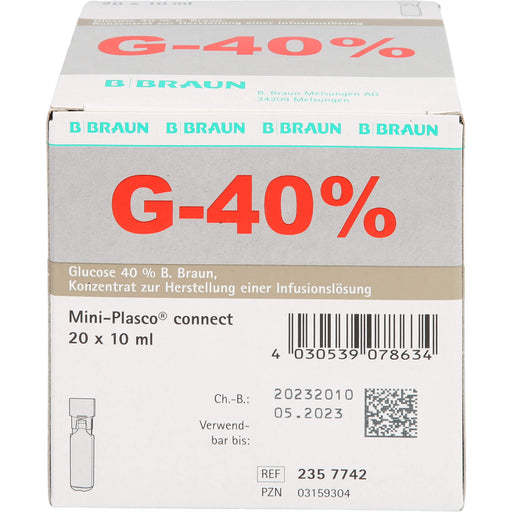 Glucose 40 % B. Braun Konzentrat zur Herstellung einer Infusionslösung, Mini Plasco connect 10 ml, 200 ml Lösung