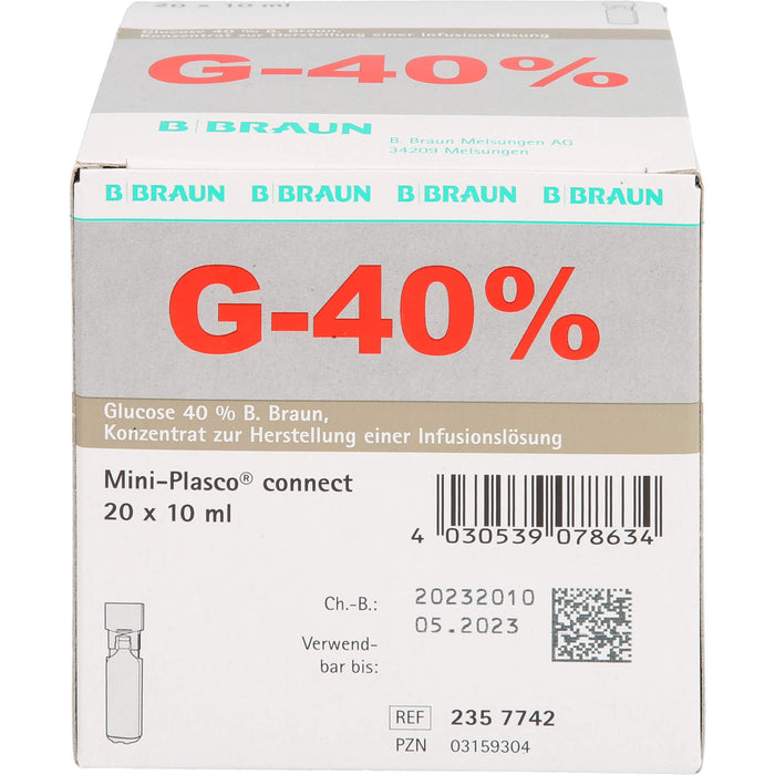 Glucose 40 % B. Braun Konzentrat zur Herstellung einer Infusionslösung, Mini Plasco connect 10 ml, 200 ml Lösung