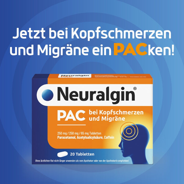 Neuralgin PAC  3-fach Wirkstoffkombination für schnelle Linderung bei Kopfschmerzen und Migräne, 20 pcs. Tablets