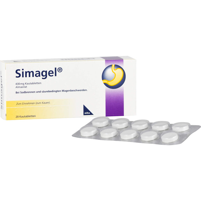 Simagel 430 mg Kautabletten bei Sodbrennen und säurebedingte Magenbeschwerden, 20 pc Tablettes