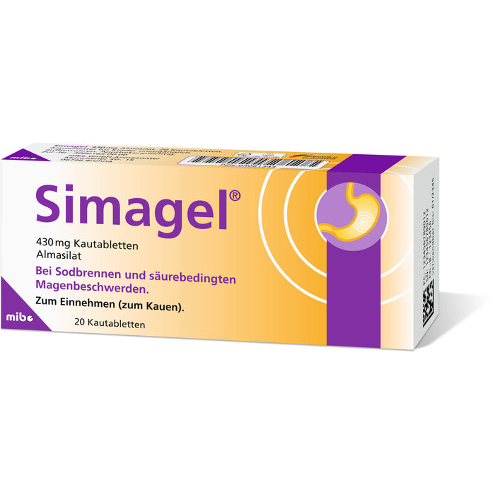 Simagel 430 mg Kautabletten bei Sodbrennen und säurebedingte Magenbeschwerden, 20 pc Tablettes