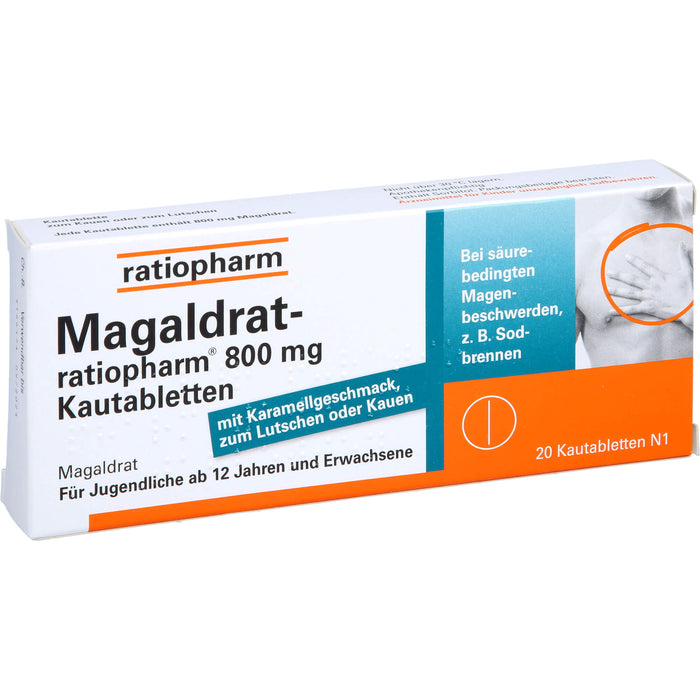 Magaldrat-ratiopharm 800 mg Kautabletten bei säurebedingten Magenschmerzen und Sodbrennen, 20 pc Tablettes