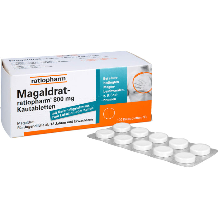 Magaldrat-ratiopharm 800 mg Kautabletten bei säurebedingten Magenbeschwerden z.B.  Sodbrennen, 100 pc Tablettes