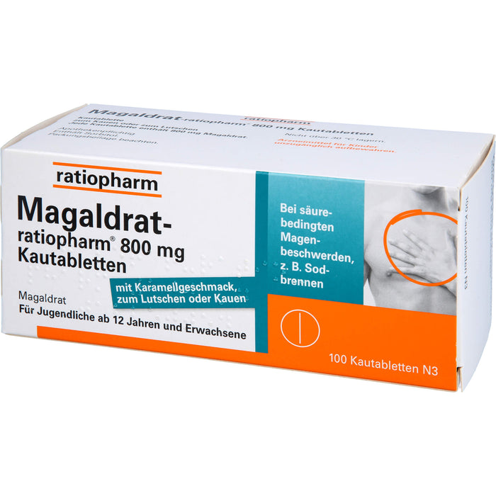 Magaldrat-ratiopharm 800 mg Kautabletten bei säurebedingten Magenbeschwerden z.B.  Sodbrennen, 100 pc Tablettes