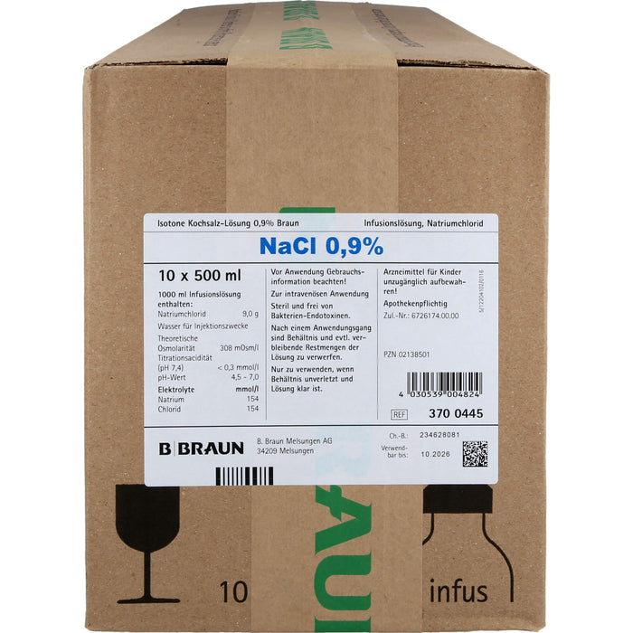 Isotone Kochsalz-Lösung 0,9 % Braun Infusionslösung, Glasflasche 500 ml, 10X500 ml INF