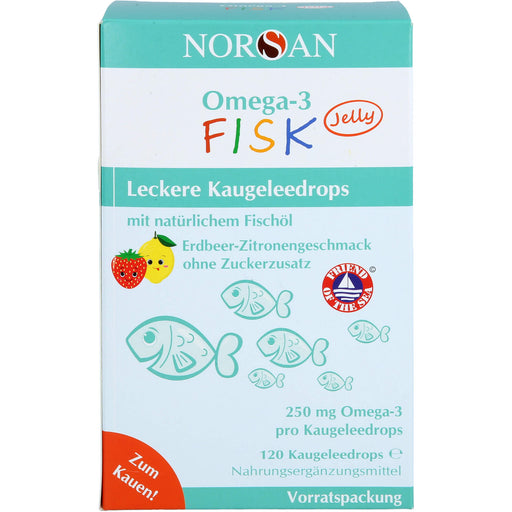 NORSAN Omega-3 FISK Jelly - für Kinder leckere Kaugeleedrops mit Erdbeer-Zitronengeschmack, 120 St. Gummidrops