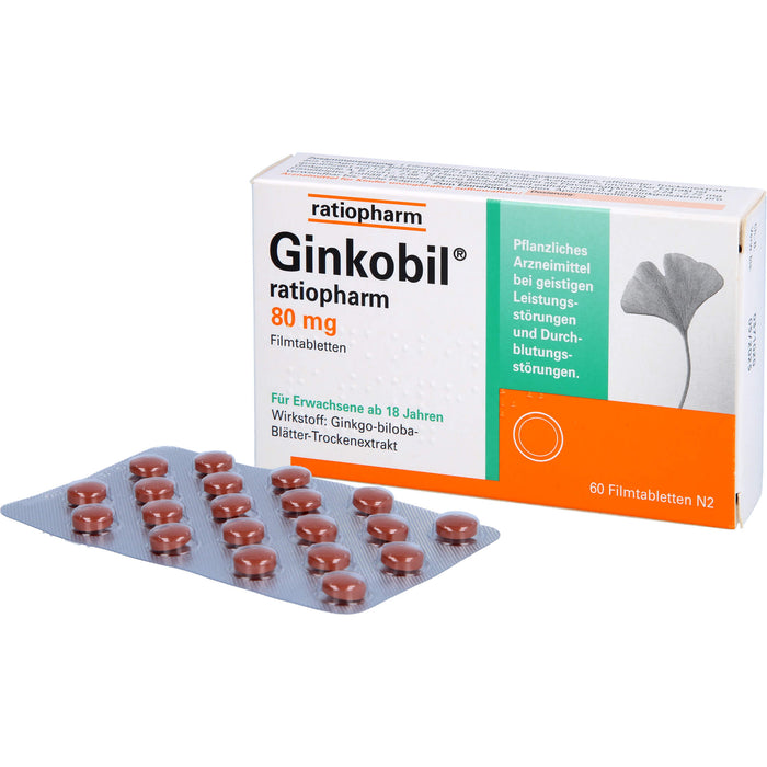 Ginkobil ratiopharm 80 mg Filmtabletten bei geistigen Leistungsstörungen und Durchblutungsstörungen, 60 pc Tablettes