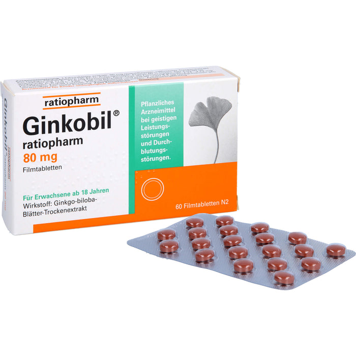 Ginkobil ratiopharm 80 mg Filmtabletten bei geistigen Leistungsstörungen und Durchblutungsstörungen, 60 pc Tablettes