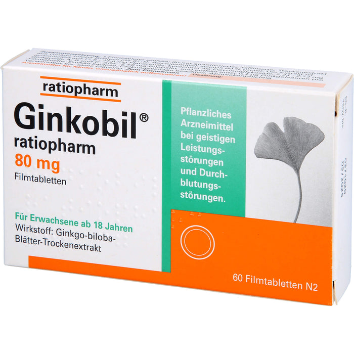 Ginkobil ratiopharm 80 mg Filmtabletten bei geistigen Leistungsstörungen und Durchblutungsstörungen, 60 pc Tablettes