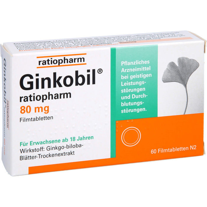 Ginkobil ratiopharm 80 mg Filmtabletten bei geistigen Leistungsstörungen und Durchblutungsstörungen, 60 pc Tablettes