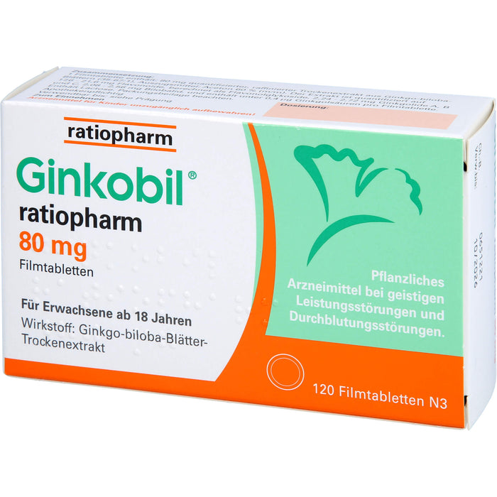 Ginkobil ratiopharm 80 mg Filmtabletten bei geistigen Leistungsstörungen und Durchblutungsstörungen, 120 pcs. Tablets