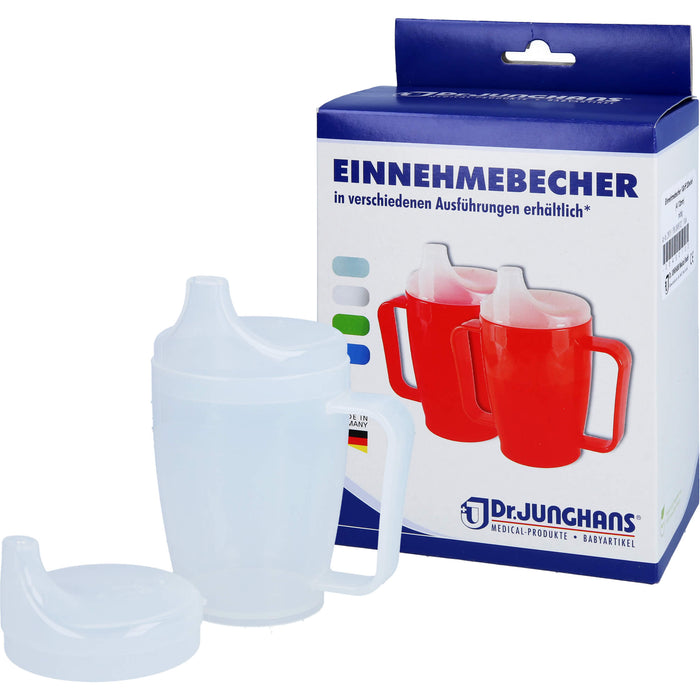 Dr. Junghans Einnehmebecher 250 ml mit Griff weiß 2 Deckel 4 und 12 mm, 1 pcs. Goblet