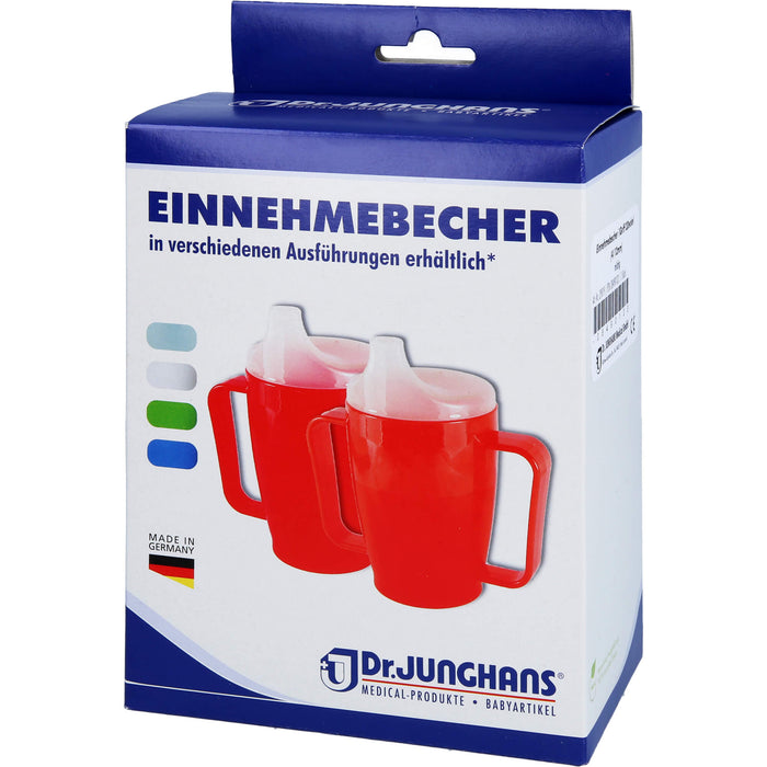 Dr. Junghans Einnehmebecher 250 ml mit Griff weiß 2 Deckel 4 und 12 mm, 1 St. Becher