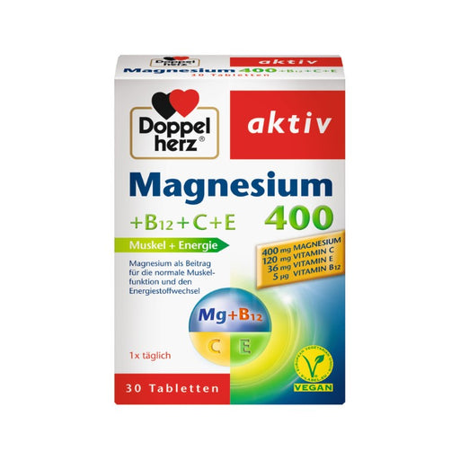Doppelherz aktiv Magnesium 400 + B12 + C + E Tabletten für den Energiestoffwechsel und die Muskelfunktion, 30 St. Tabletten