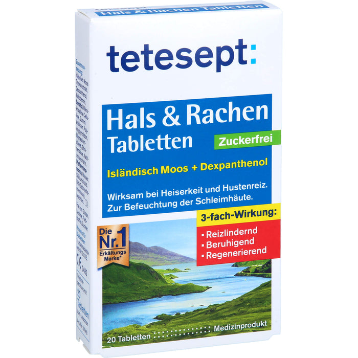 Tetesept Hals & Rachen Tabletten zuckerfrei zur Befeuchtung der Schleimhäute, 20 pc Tablettes