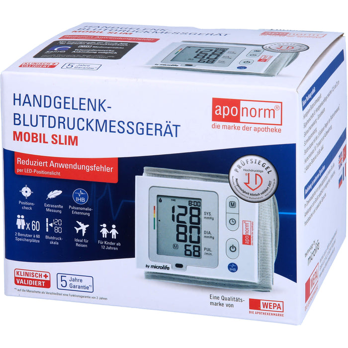 Aponorm Handgelenk Blutdruckmessgerät Mobil Slim, 1 pcs. Blood pressure monitor