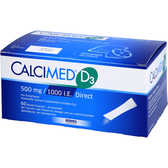 Calcimed D3 500 mg / 1000 I.E. Direct Granulat bei Calcium- und Vitamin D3 Mangel und zur unterstützenden Behandlung von Osteoporose, 60 pc Sachets
