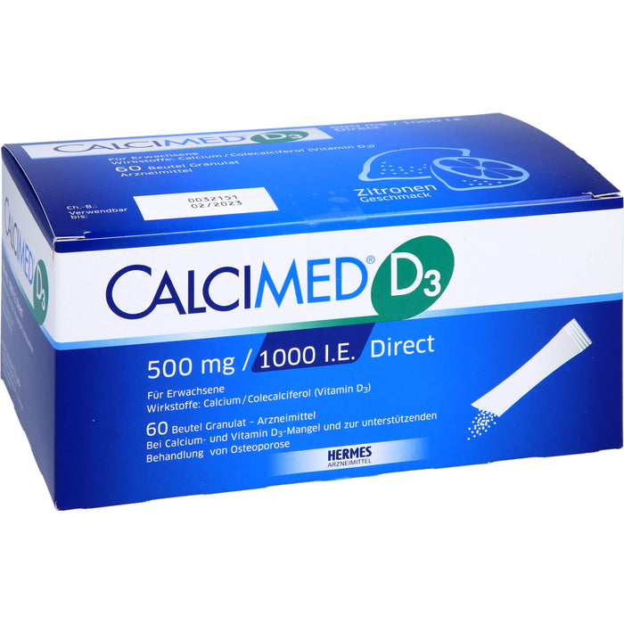 Calcimed D3 500 mg / 1000 I.E. Direct Granulat bei Calcium- und Vitamin D3 Mangel und zur unterstützenden Behandlung von Osteoporose, 60 pc Sachets