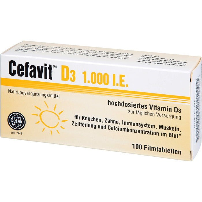 Cefavit D3 1,000 I.E. Tabletten für Knochen, Zähne, Immunsystem, Muskeln und Calciumkonzentration im Blut, 100 pcs. Tablets