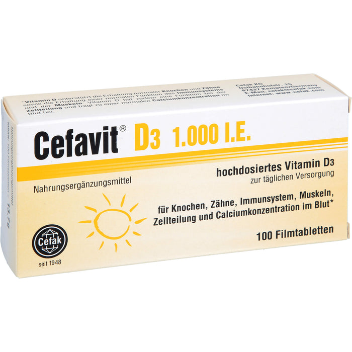 Cefavit D3 1,000 I.E. Tabletten für Knochen, Zähne, Immunsystem, Muskeln und Calciumkonzentration im Blut, 100 pcs. Tablets