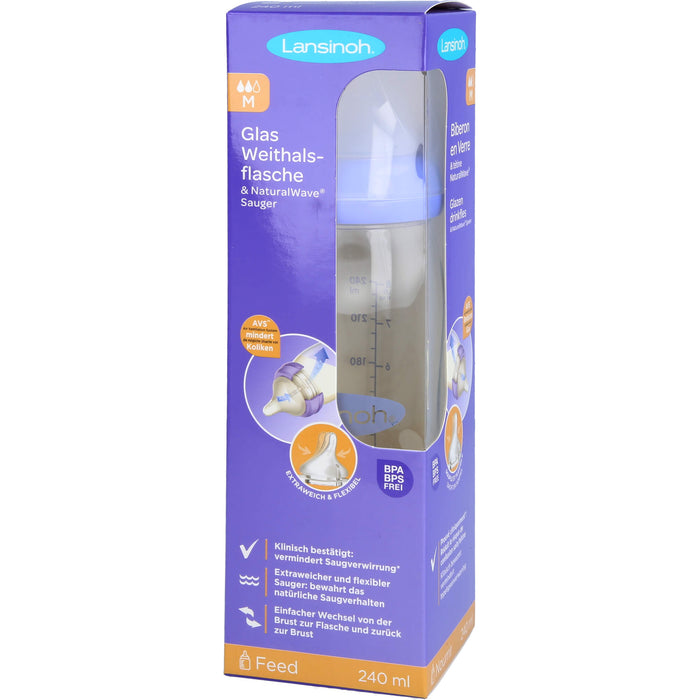 Lansinoh Glas Weithalsflasche 240 ml mit Natural Wave Silikonsauger M, 1 pcs. Aspirator