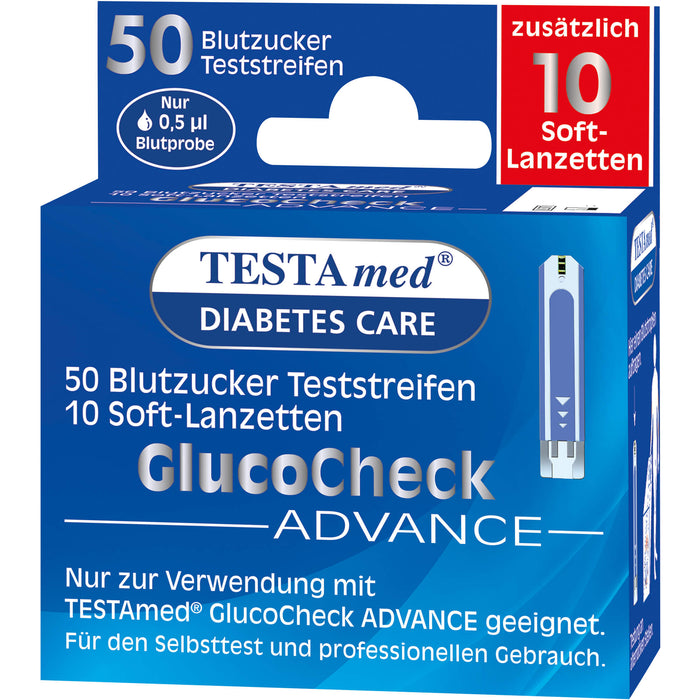 Testamed GlucoCheck Advance 50 Blutzucker Teststreifen mit 10 Soft-Lanzetten, 1 pcs. Combipack