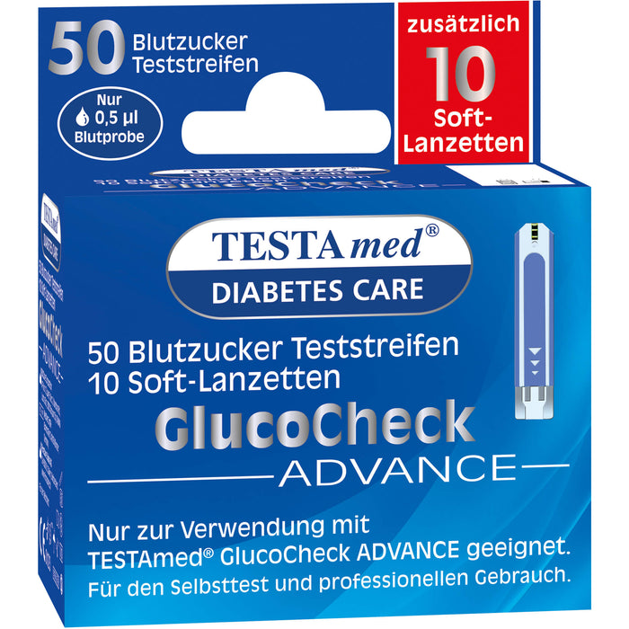 Testamed GlucoCheck Advance 50 Blutzucker Teststreifen mit 10 Soft-Lanzetten, 1 pcs. Combipack