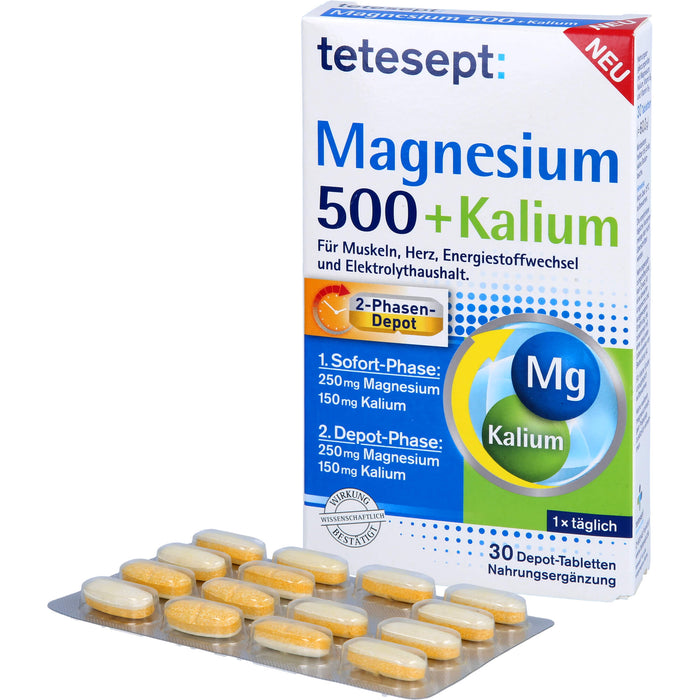 Tetesept Magnesium 500 + Kalium Depot-Tabletten für Muskeln, Herz, Energiestoffwechsel und Elektrolythaushalt, 30 pc Tablettes