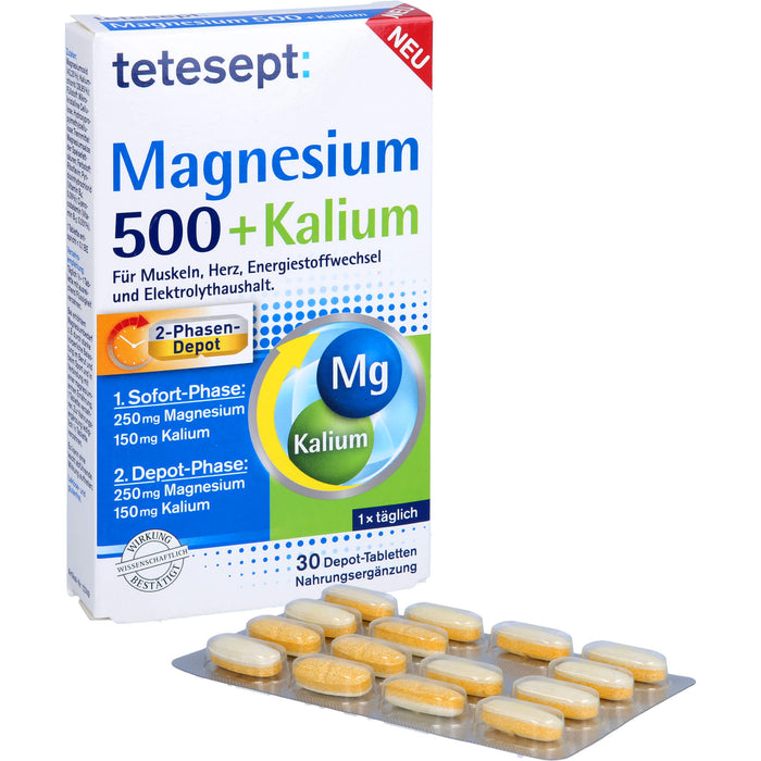 Tetesept Magnesium 500 + Kalium Depot-Tabletten für Muskeln, Herz, Energiestoffwechsel und Elektrolythaushalt, 30 pc Tablettes