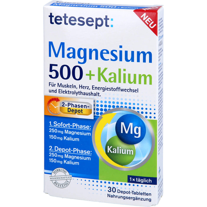 Tetesept Magnesium 500 + Kalium Depot-Tabletten für Muskeln, Herz, Energiestoffwechsel und Elektrolythaushalt, 30 pc Tablettes