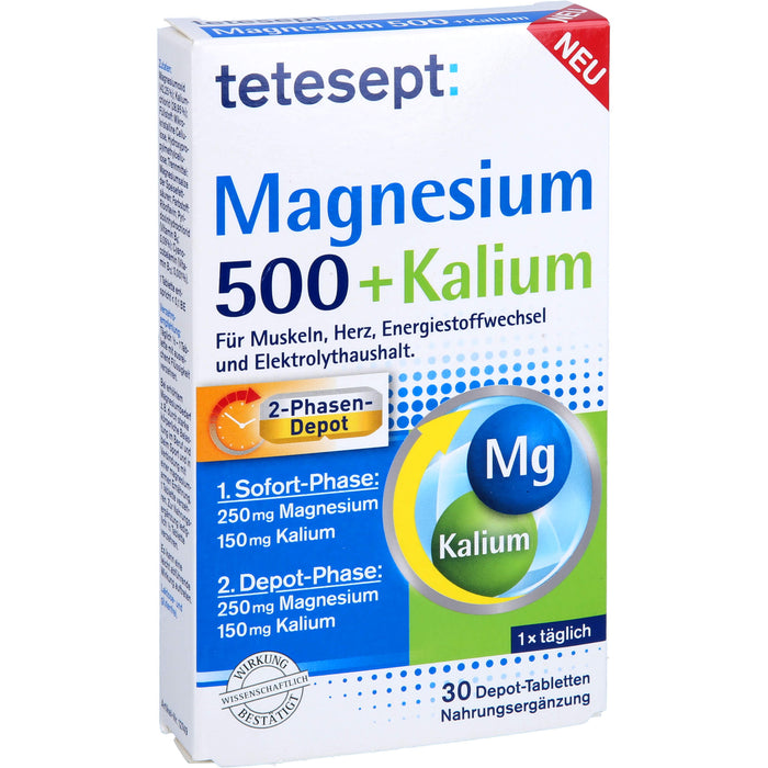 Tetesept Magnesium 500 + Kalium Depot-Tabletten für Muskeln, Herz, Energiestoffwechsel und Elektrolythaushalt, 30 pc Tablettes