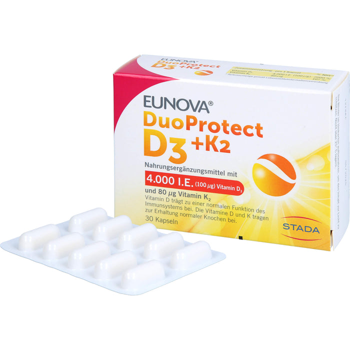 EUNOVA D3 + K2 DuoProtect 4.000 I.E.  Kapseln zur Erhaltung einer normalen Funktion des Immunsystems und normaler Knochen, 30 pcs. Capsules