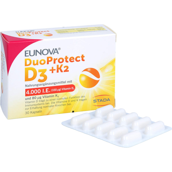 EUNOVA D3 + K2 DuoProtect 4.000 I.E.  Kapseln zur Erhaltung einer normalen Funktion des Immunsystems und normaler Knochen, 30 pcs. Capsules