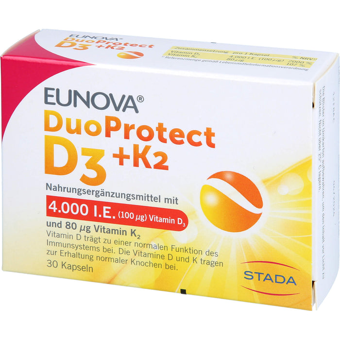 EUNOVA D3 + K2 DuoProtect 4.000 I.E.  Kapseln zur Erhaltung einer normalen Funktion des Immunsystems und normaler Knochen, 30 pcs. Capsules