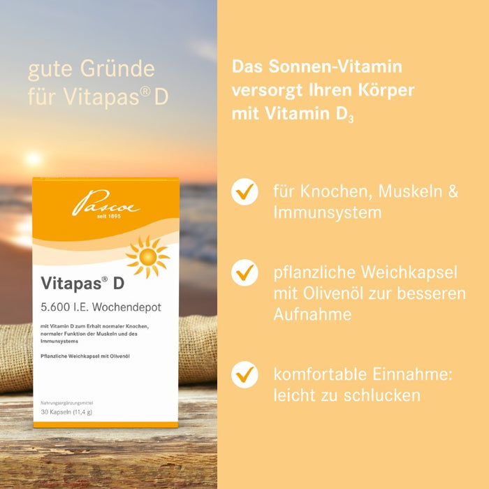 Vitapas D 5600 I.E. Wochendepot Kapseln zum Erhalt normaler Knochen, normaler Funktion der Muskeln und des Immunsystems, 30 pc Capsules