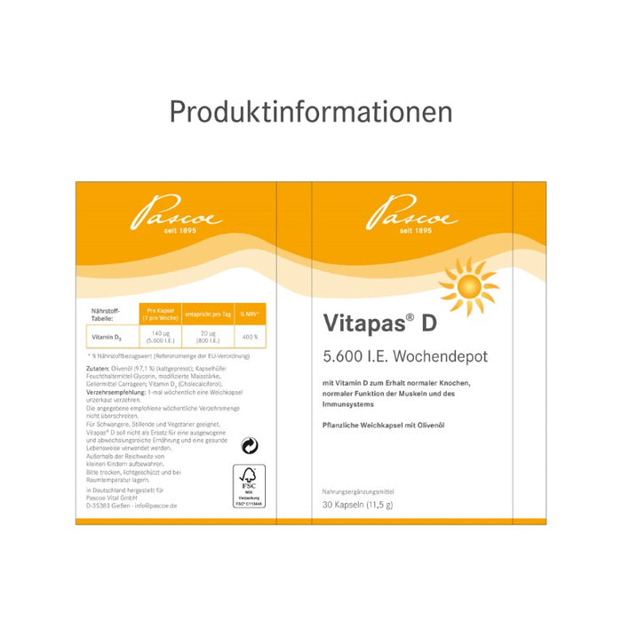 Vitapas D 5600 I.E. Wochendepot Kapseln zum Erhalt normaler Knochen, normaler Funktion der Muskeln und des Immunsystems, 30 pc Capsules