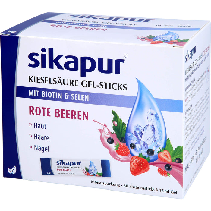 Sikapur Kieselsäure Gel-Sticks mit Biotin und Selen mit Rote Beeren-Geschmack für Haut, Haare und Nägel, 30 pcs. Sticks