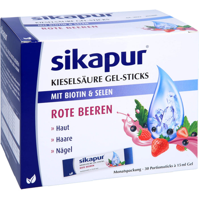 Sikapur Kieselsäure Gel-Sticks mit Biotin und Selen mit Rote Beeren-Geschmack für Haut, Haare und Nägel, 30 pcs. Sticks