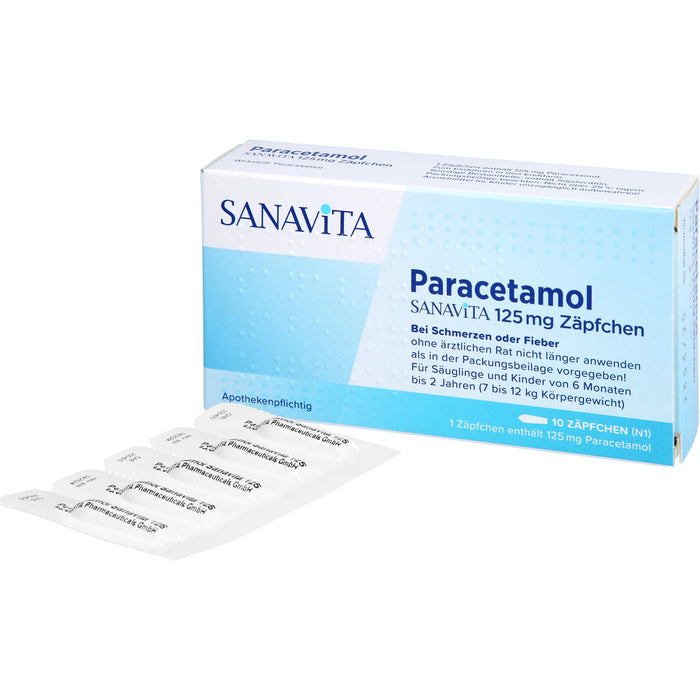 Paracetamol SANAVITA 125 mg Zäpfchen - für Säuglinge ab 6 Monate und Kleinkinder bis 2 Jahre (7 bis 12 kg Körpergewicht), 10 pcs. Suppositories