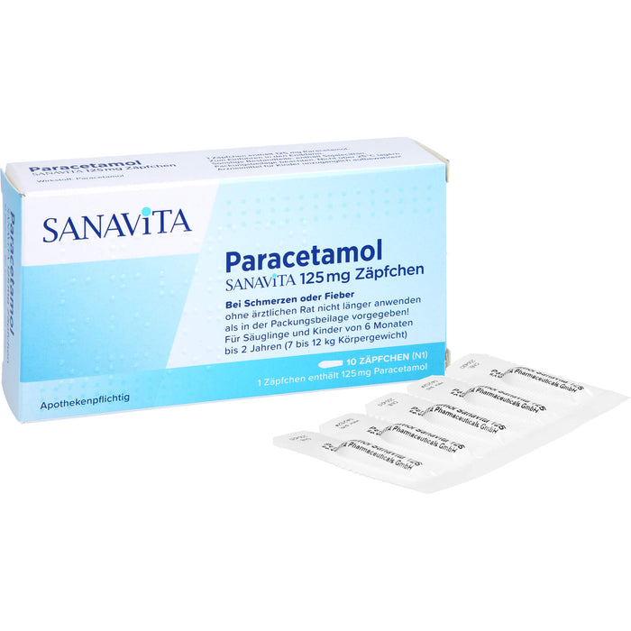 Paracetamol SANAVITA 125 mg Zäpfchen - für Säuglinge ab 6 Monate und Kleinkinder bis 2 Jahre (7 bis 12 kg Körpergewicht), 10 pcs. Suppositories