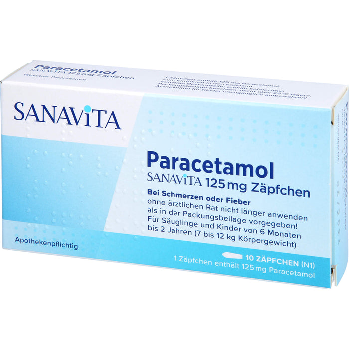 Paracetamol SANAVITA 125 mg Zäpfchen - für Säuglinge ab 6 Monate und Kleinkinder bis 2 Jahre (7 bis 12 kg Körpergewicht), 10 pcs. Suppositories